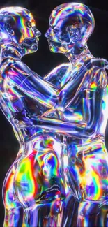 Vibrant holographic silhouettes embracing in colorful abstract design.