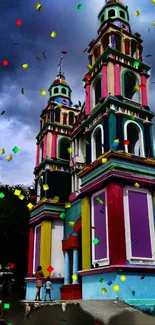 Colorful church with festive confetti against a dramatic sky.