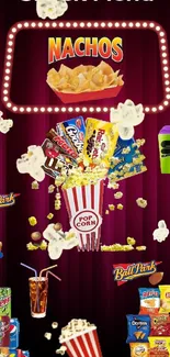 Cinema snack themed mobile wallpaper with popcorn and nachos.