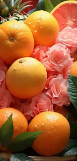 Oranges, grapefruit, pink roses, and green leaves create a vibrant display.