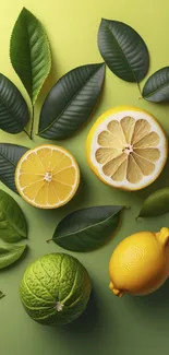 Vibrant citrus and green leaves wallpaper for a refreshing phone background.