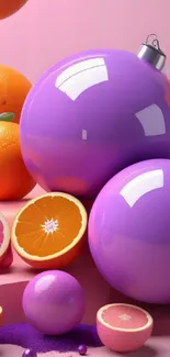 Vibrant purple orbs with citrus fruits on a mobile wallpaper.