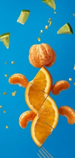 Artistic citrus fruit design on blue background with orange and lime.