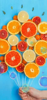 Vibrant citrus slices arranged as balloons on blue backdrop.