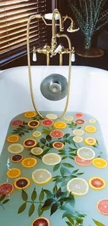 Relaxing bath with citrus fruit slices and green leaves.