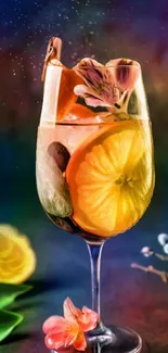 Vibrant citrus cocktail art with colorful fruits.