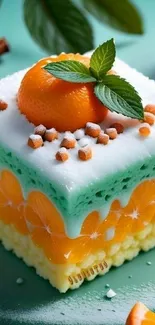 Colorful citrus dessert with orange slices and mint leaves on a pastel green background.