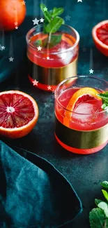 Refreshing citrus drink with mint on a dark blue background.