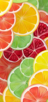 Vibrant collage of colorful citrus fruit slices in yellow, green, and orange.