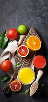 Vibrant citrus fruit display with juices on a dark background.