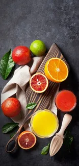 Vibrant display of citrus fruits and juices on a dark gray background.