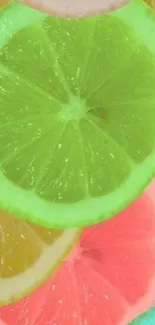 Close-up of colorful citrus fruit slices, including lime and grapefruit.