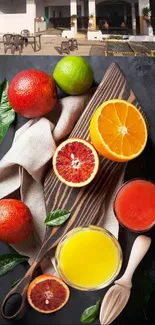 Vibrant citrus fruits on a wooden board with colorful juices.