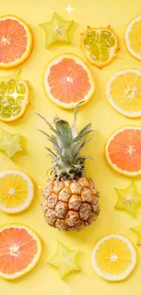 Bright citrus fruit wallpaper with yellow background featuring pineapple.