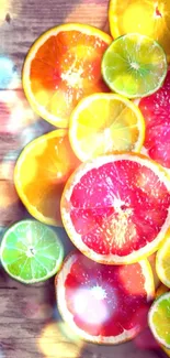 Vibrant citrus fruit slices on a wooden background with light effects.