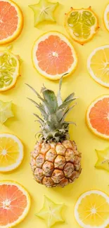 Vibrant citrus and pineapple on yellow background wallpaper.