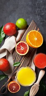 Vibrant citrus fruits on dark background with wooden board