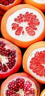 Vibrant grapefruit and pomegranate fruit wallpaper with orange tones.