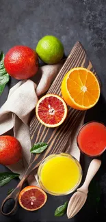 Colorful citrus fruits on wooden board background.