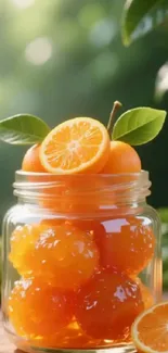 Jar filled with bright, fresh oranges against a lush green background.