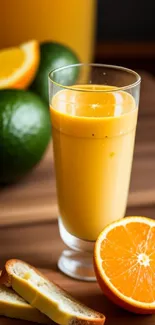 Glass of orange juice with toast and fruits on wooden table.