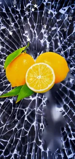 Orange citrus heart on shattered black glass background.