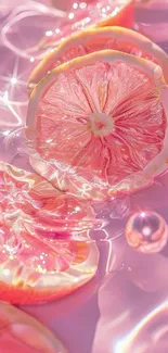 Pink grapefruit slices with light reflections creating vibrant wallpaper.