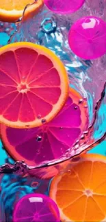 Vibrant citrus fruits with colorful water splash.