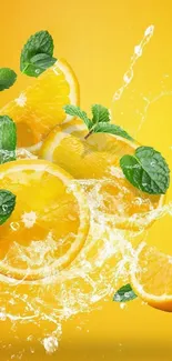 Vibrant citrus splash with oranges and mint on a yellow background.