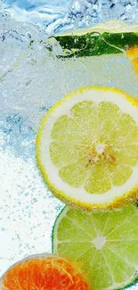 Vibrant citrus splash with lemons and limes in water.