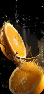 Vibrant splash of orange slices with water on a black background.