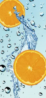 Juicy orange slices with water splash on light blue background.