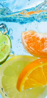 Vibrant citrus slices splashing in water on mobile wallpaper.