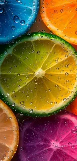 Colorful citrus slices with water droplets on a vibrant background.