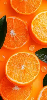 Juicy orange slices with green leaves on a vibrant background.