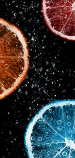 Vibrant citrus slices with bubbles on a dark background.