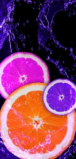 Vibrant citrus slices with splashing water on a purple background.