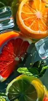 Floating citrus fruits and ice cubes on water with vibrant colors.