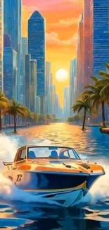 Speedboat cruising through sunset-lit urban canal with skyscrapers and palm trees.