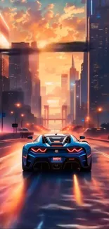 Blue sports car driving through a vibrant city at sunset.