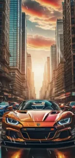 Futuristic car in vibrant cityscape at sunset.