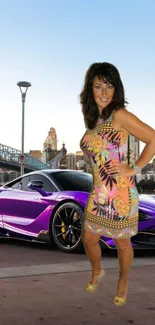 Vibrant cityscape with purple car and stylish woman.