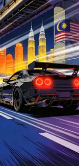 Animated sports car driving through a vibrant cityscape at night.