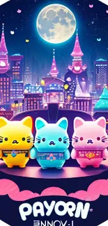 Vibrant cityscape with cute cats under a full moon.