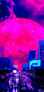 Vibrant cosmic cityscape with pink hues and skyscrapers.