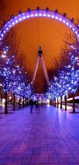 Bright Ferris wheel and twinkling trees under an orange night sky.