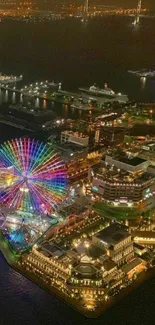 A vibrant city scene with a lit Ferris wheel at night.