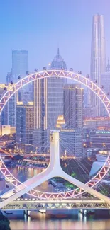 City skyline with illuminated Ferris wheel at dusk.