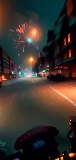 City street at night with vibrant fireworks display overhead.