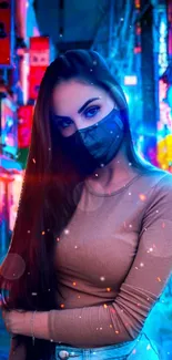 Stylish woman in vibrant neon-lit city background with blue tones.